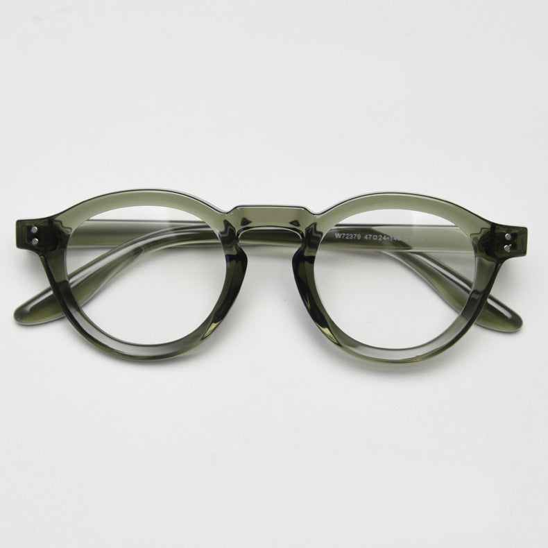 Affordable vintage-inspired TR90 round eyeglass frames with wide rims in black, green, olive-green, coffee, blue, grey, tortoise colors, suitable for prescription glasses. Equipped with ALL-IN-ONE lenses featuring Anti-blue, Anti-allergic, scratch-resistant, anti-glare, and oil-resistant coatings.