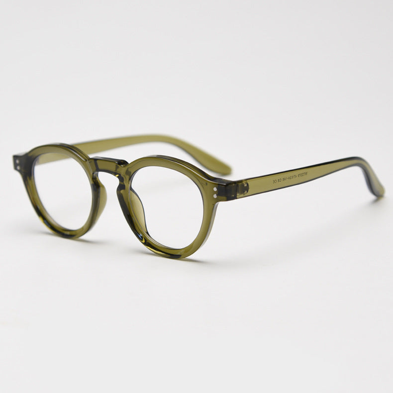 Affordable vintage-inspired TR90 round eyeglass frames with wide rims in black, green, olive-green, coffee, blue, grey, tortoise colors, suitable for prescription glasses. Equipped with ALL-IN-ONE lenses featuring Anti-blue, Anti-allergic, scratch-resistant, anti-glare, and oil-resistant coatings.