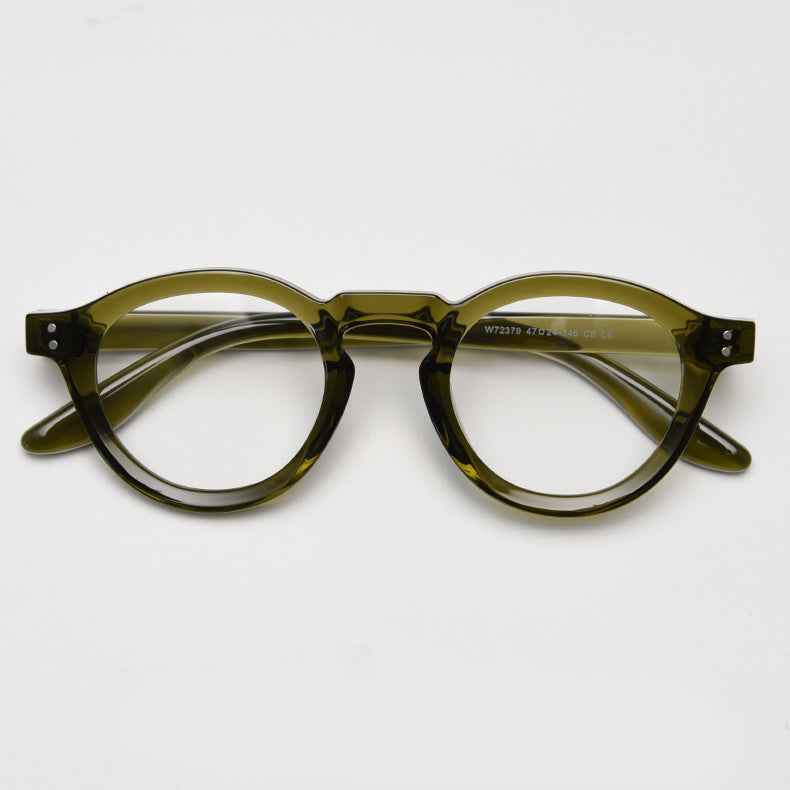 Affordable vintage-inspired TR90 round eyeglass frames with wide rims in black, green, olive-green, coffee, blue, grey, tortoise colors, suitable for prescription glasses. Equipped with ALL-IN-ONE lenses featuring Anti-blue, Anti-allergic, scratch-resistant, anti-glare, and oil-resistant coatings.