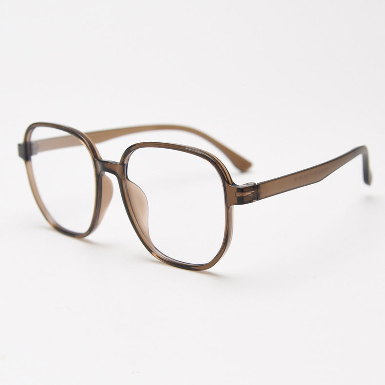 MieMie affordable TR90 PSQ010 Square oversized eyeglass frames in multiple colors, including Brown, Coffee, Green, Grey, Tortoise, and Matte Black. Features ALL-IN-ONE lenses with multi-coating benefits like Anti-blue, Anti-scratch, Anti-glare, Anti-allergic, and Oil-resistant, offering a stylish and face-slimming look.