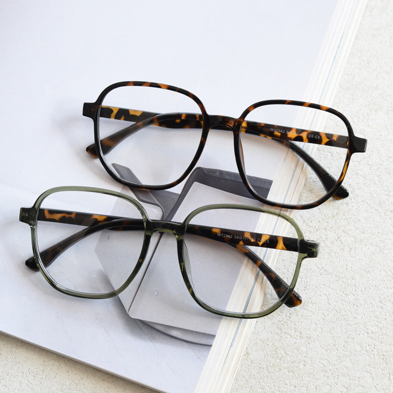 MieMie affordable TR90 PSQ010 Square oversized eyeglass frames in multiple colors, including Brown, Coffee, Green, Grey, Tortoise, and Matte Black. Features ALL-IN-ONE lenses with multi-coating benefits like Anti-blue, Anti-scratch, Anti-glare, Anti-allergic, and Oil-resistant, offering a stylish and face-slimming look.