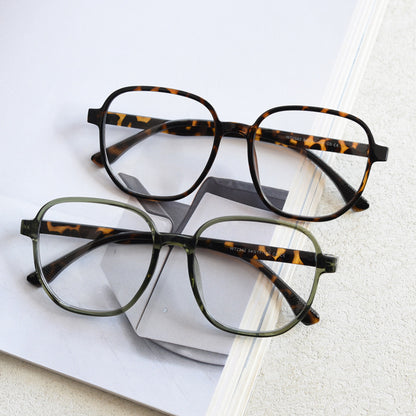 MieMie affordable TR90 PSQ010 Square oversized eyeglass frames in multiple colors, including Brown, Coffee, Green, Grey, Tortoise, and Matte Black. Features ALL-IN-ONE lenses with multi-coating benefits like Anti-blue, Anti-scratch, Anti-glare, Anti-allergic, and Oil-resistant, offering a stylish and face-slimming look.