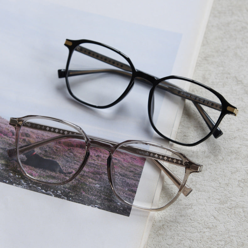 MieMie TR90 square glasses with elegant metal accents, available in Black-Gold, Black-Silver, Gradient Grey, Brown, and Coffee. Featuring ALL-IN-ONE lenses with Anti-blue, Anti-glare, and Anti-scratch coatings, perfect for vision correction or style.