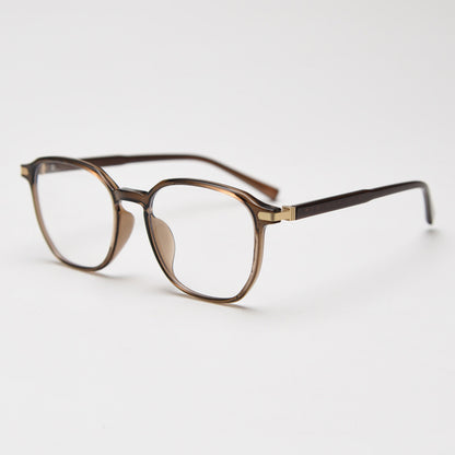 MieMie TR90 square glasses with elegant metal accents, available in Black-Gold, Black-Silver, Gradient Grey, Brown, and Coffee. Featuring ALL-IN-ONE lenses with Anti-blue, Anti-glare, and Anti-scratch coatings, perfect for vision correction or style.