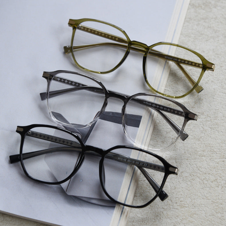 MieMie TR90 square glasses with elegant metal accents, available in Black-Gold, Black-Silver, Gradient Grey, Brown, and Coffee. Featuring ALL-IN-ONE lenses with Anti-blue, Anti-glare, and Anti-scratch coatings, perfect for vision correction or style.