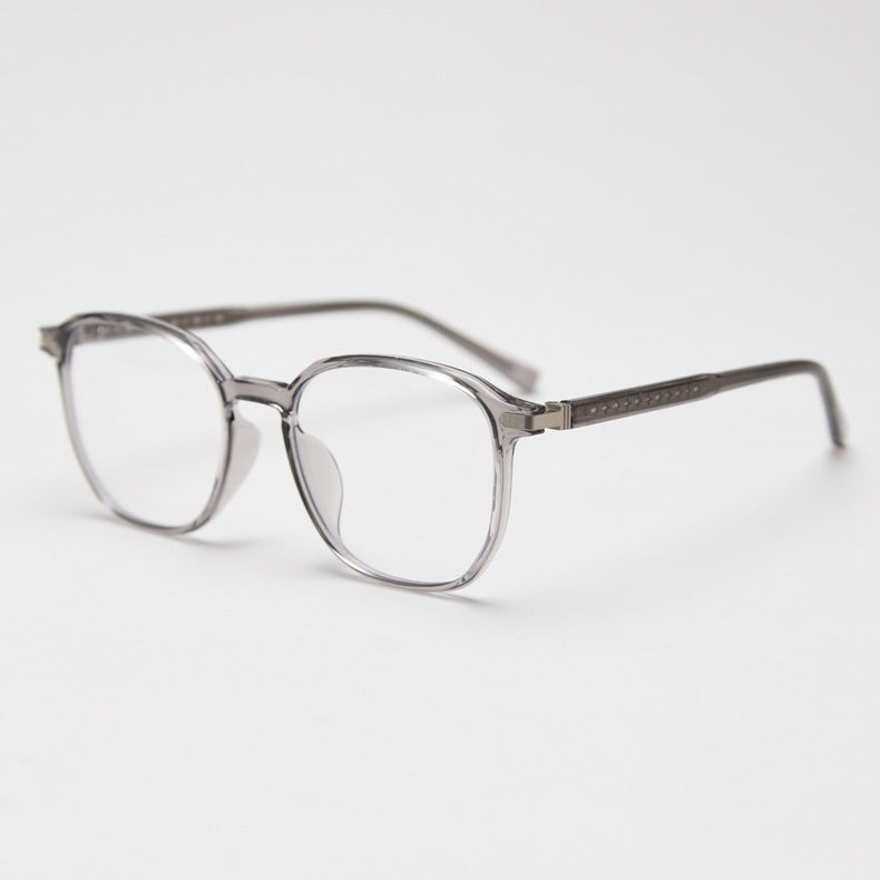 MieMie TR90 square glasses with elegant metal accents, available in Black-Gold, Black-Silver, Gradient Grey, Brown, and Coffee. Featuring ALL-IN-ONE lenses with Anti-blue, Anti-glare, and Anti-scratch coatings, perfect for vision correction or style.