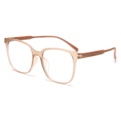 MieMie PSQ003 Wooden-Texture Square Prescription Glasses — in various colors: Leopard Tortoise, Coffee, Brown, Black, Green & Grey classic shape design with unique wooden texture, designed for both men and women. Customized for nearsightedness, farsightedness, and astigmatism, 6-in-one lens package including anti-blue. Durable TR90 frame, lightweight, flexible, and impact-resistant properties. Your vision and style with our eyewear.