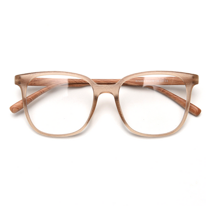 MieMie PSQ003 Wooden-Texture Square Prescription Glasses — in various colors: Leopard Tortoise, Coffee, Brown, Black, Green & Grey classic shape design with unique wooden texture, designed for both men and women. Customized for nearsightedness, farsightedness, and astigmatism, 6-in-one lens package including anti-blue. Durable TR90 frame, lightweight, flexible, and impact-resistant properties. Your vision and style with our eyewear.