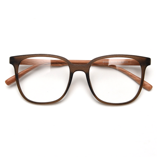 MieMie PSQ003 Wooden-Texture Square Prescription Glasses — in various colors: Leopard Tortoise, Coffee, Brown, Black, Green & Grey classic shape design with unique wooden texture, designed for both men and women. Customized for nearsightedness, farsightedness, and astigmatism, 6-in-one lens package including anti-blue. Durable TR90 frame, lightweight, flexible, and impact-resistant properties. Your vision and style with our eyewear.