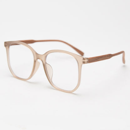 MieMie affordable TR90 wood-textured oversized eyeglass frames in multiple colors, including Brown, Coffee, Green, Grey, Tortoise, and Matte Black. Features ALL-IN-ONE lenses with multi-coating benefits like Anti-blue, Anti-scratch, Anti-glare, Anti-allergic, and Oil-resistant, offering a stylish and face-slimming look.