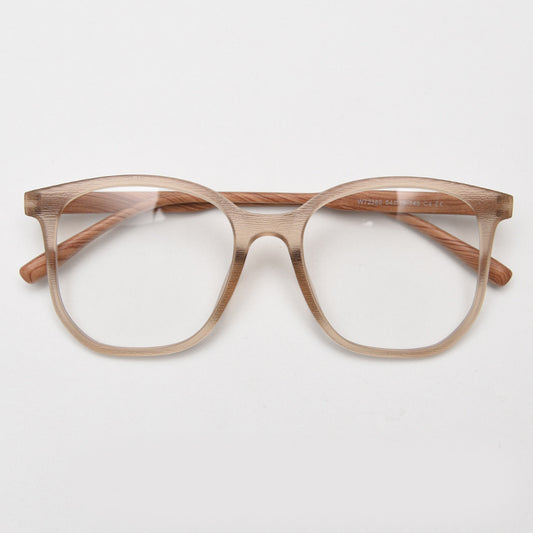 MieMie affordable TR90 wood-textured oversized eyeglass frames in multiple colors, including Brown, Coffee, Green, Grey, Tortoise, and Matte Black. Features ALL-IN-ONE lenses with multi-coating benefits like Anti-blue, Anti-scratch, Anti-glare, Anti-allergic, and Oil-resistant, offering a stylish and face-slimming look.