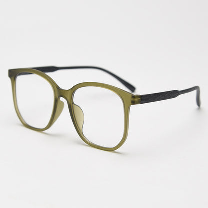 MieMie affordable TR90 wood-textured oversized eyeglass frames in multiple colors, including Brown, Coffee, Green, Grey, Tortoise, and Matte Black. Features ALL-IN-ONE lenses with multi-coating benefits like Anti-blue, Anti-scratch, Anti-glare, Anti-allergic, and Oil-resistant, offering a stylish and face-slimming look.