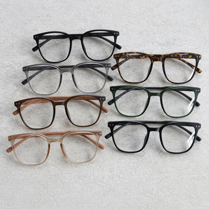 MieMie affordable TR90 wood-textured oversized eyeglass frames in multiple colors, including Brown, Coffee, Green, Grey, Tortoise, and Matte Black. Features ALL-IN-ONE lenses with multi-coating benefits like Anti-blue, Anti-scratch, Anti-glare, Anti-allergic, and Oil-resistant, offering a stylish and face-slimming look.