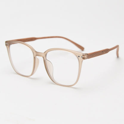 MieMie affordable TR90 wood-textured oversized eyeglass frames in multiple colors, including Brown, Coffee, Green, Grey, Tortoise, and Matte Black. Features ALL-IN-ONE lenses with multi-coating benefits like Anti-blue, Anti-scratch, Anti-glare, Anti-allergic, and Oil-resistant, offering a stylish and face-slimming look.