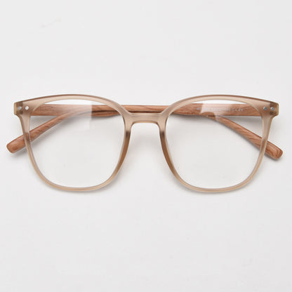 MieMie affordable TR90 wood-textured oversized eyeglass frames in multiple colors, including Brown, Coffee, Green, Grey, Tortoise, and Matte Black. Features ALL-IN-ONE lenses with multi-coating benefits like Anti-blue, Anti-scratch, Anti-glare, Anti-allergic, and Oil-resistant, offering a stylish and face-slimming look.