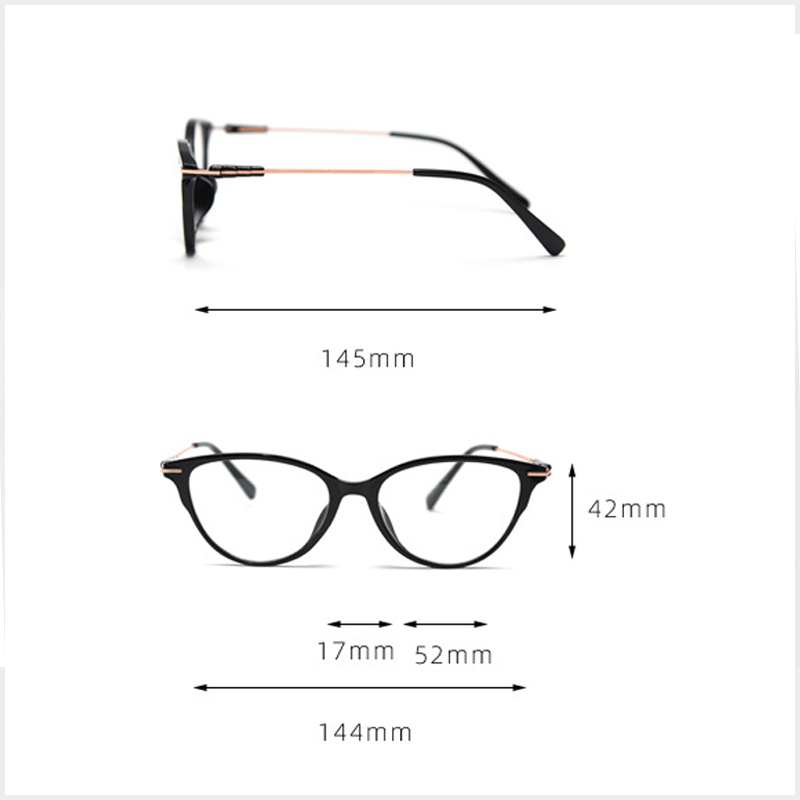 Crafted from stunning polished TR90 & metal material, with cat-eye design and comfortable metal temple arms, a must-have accessory on any occasion. Available with ALL-IN-ONE lenses including blue light protection. Comes in 7 colors: Brown, Black, Blue. Green, Grey, Khaki, Tortoise. Perfect for prescription or fashion wear!