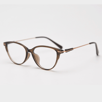 Crafted from stunning polished TR90 & metal material, with cat-eye design and comfortable metal temple arms, a must-have accessory on any occasion. Available with ALL-IN-ONE lenses including blue light protection. Comes in 7 colors: Brown, Black, Blue. Green, Grey, Khaki, Tortoise. Perfect for prescription or fashion wear!