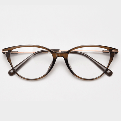 Crafted from stunning polished TR90 & metal material, with cat-eye design and comfortable metal temple arms, a must-have accessory on any occasion. Available with ALL-IN-ONE lenses including blue light protection. Comes in 7 colors: Brown, Black, Blue. Green, Grey, Khaki, Tortoise. Perfect for prescription or fashion wear!