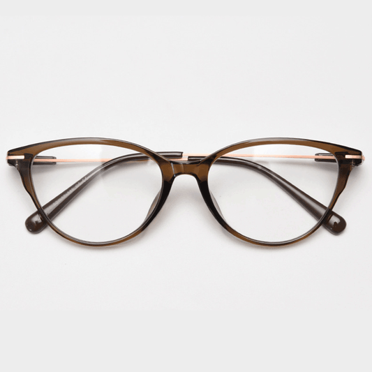 Crafted from stunning polished TR90 & metal material, with cat-eye design and comfortable metal temple arms, a must-have accessory on any occasion. Available with ALL-IN-ONE lenses including blue light protection. Comes in 7 colors: Brown, Black, Blue. Green, Grey, Khaki, Tortoise. Perfect for prescription or fashion wear!