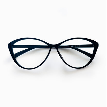 MieMie Bold Black Matte Cat-Eye Prescription Glasses featuring a sleek, stylish cat-eye shape with a bold matte black finish, designed for a modern and chic look, made from TR90 material, PC001 Black Color