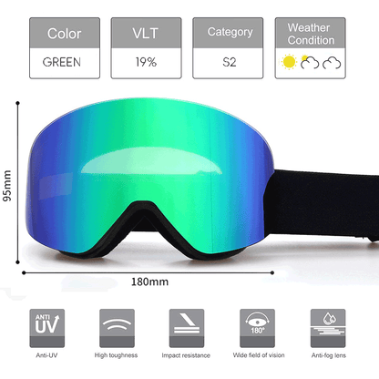 SP18 Magnetic Ski Goggles offer impact and scratch resistance, UV400 protection, and anti-fog coating lens, featuring a magnetic design to allow easy disassemble of goggles lenses, as well as an adjustable shoulder strap for a secure fit. It accommodates prescription glasses comfortably and provides an unobstructed all-round view. With a VLT of 19%-23%, these goggles are perfect for various light conditions. Experience improved performance and style on the slopes with us!