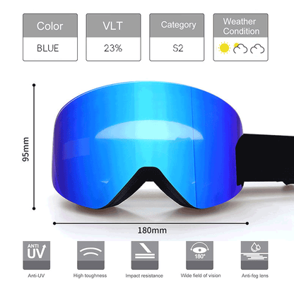 SP18 Magnetic Ski Goggles offer impact and scratch resistance, UV400 protection, and anti-fog coating lens, featuring a magnetic design to allow easy disassemble of goggles lenses, as well as an adjustable shoulder strap for a secure fit. It accommodates prescription glasses comfortably and provides an unobstructed all-round view. With a VLT of 19%-23%, these goggles are perfect for various light conditions. Experience improved performance and style on the slopes with us!