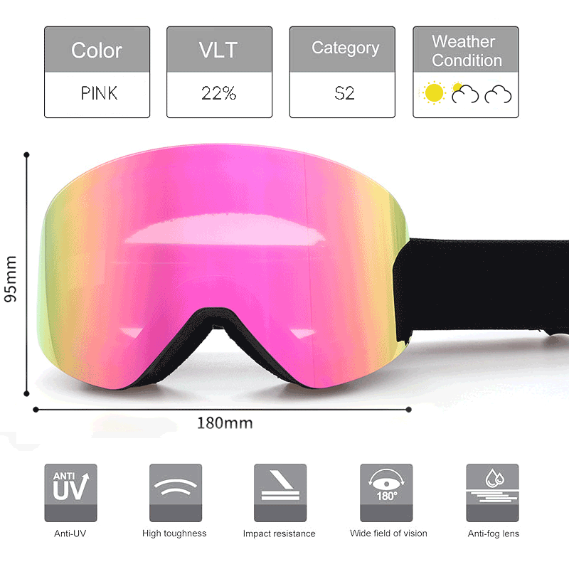 SP18 Magnetic Ski Goggles offer impact and scratch resistance, UV400 protection, and anti-fog coating lens, featuring a magnetic design to allow easy disassemble of goggles lenses, as well as an adjustable shoulder strap for a secure fit. It accommodates prescription glasses comfortably and provides an unobstructed all-round view. With a VLT of 19%-23%, these goggles are perfect for various light conditions. Experience improved performance and style on the slopes with us!