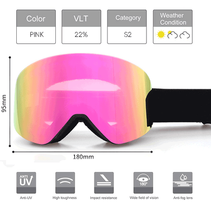 SP18 Magnetic Ski Goggles offer impact and scratch resistance, UV400 protection, and anti-fog coating lens, featuring a magnetic design to allow easy disassemble of goggles lenses, as well as an adjustable shoulder strap for a secure fit. It accommodates prescription glasses comfortably and provides an unobstructed all-round view. With a VLT of 19%-23%, these goggles are perfect for various light conditions. Experience improved performance and style on the slopes with us!