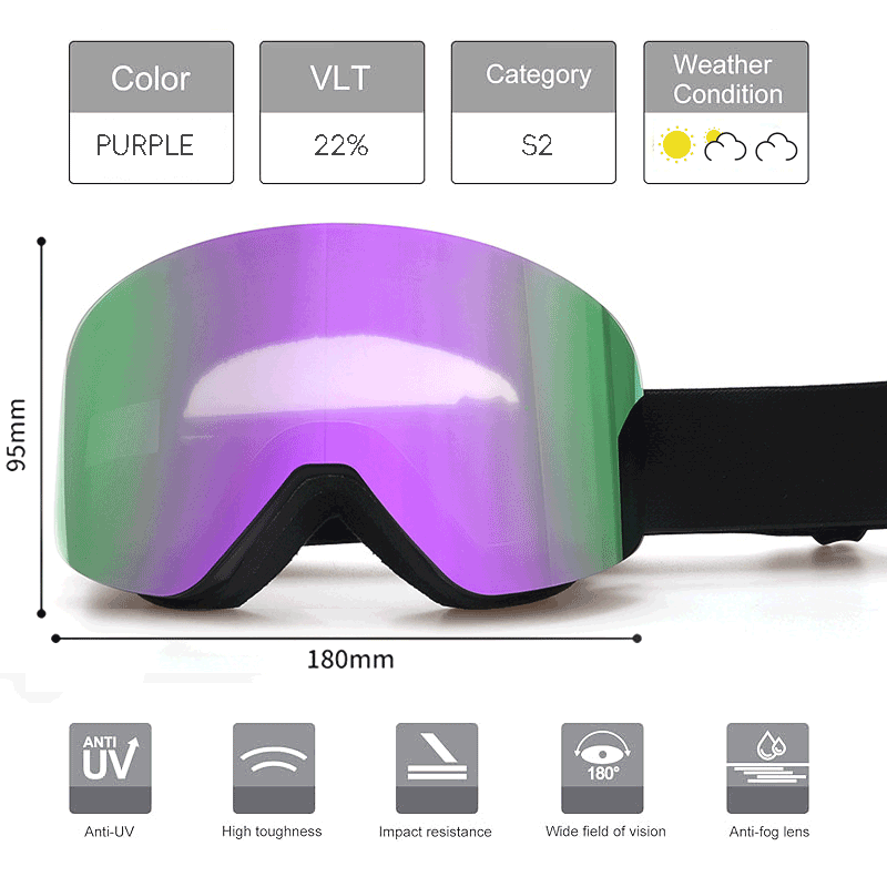 SP18 Magnetic Ski Goggles offer impact and scratch resistance, UV400 protection, and anti-fog coating lens, featuring a magnetic design to allow easy disassemble of goggles lenses, as well as an adjustable shoulder strap for a secure fit. It accommodates prescription glasses comfortably and provides an unobstructed all-round view. With a VLT of 19%-23%, these goggles are perfect for various light conditions. Experience improved performance and style on the slopes with us!