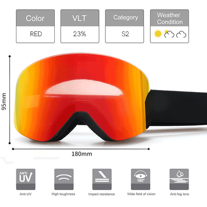 SP18 Magnetic Ski Goggles offer impact and scratch resistance, UV400 protection, and anti-fog coating lens, featuring a magnetic design to allow easy disassemble of goggles lenses, as well as an adjustable shoulder strap for a secure fit. It accommodates prescription glasses comfortably and provides an unobstructed all-round view. With a VLT of 19%-23%, these goggles are perfect for various light conditions. Experience improved performance and style on the slopes with us!